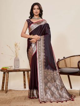 Vedant Vastram - Soft Litchi Silk Banarasi Maroon Saree with Unstitched Blouse