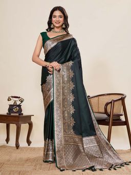 Vedant Vastram - Soft Litchi Silk Banarasi Green Saree with Unstitched Blouse
