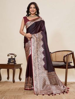Vedant Vastram - Soft Litchi Silk Banarasi Maroon Saree with Unstitched Blouse