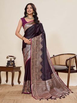 Vedant Vastram - Soft Litchi Silk Banarasi Wine Saree with Unstitched Blouse
