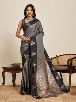Vedant Vastram - Soft Litchi Silk Banarasi Grey Saree with Unstitched Blouse