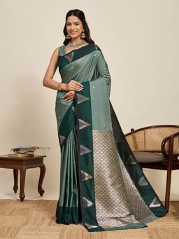 Vedant Vastram - Soft Litchi Silk Banarasi Green Saree with Unstitched Blouse