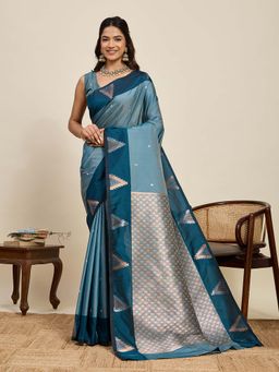 Vedant Vastram - Soft Litchi Silk Banarasi Teal Saree with Unstitched Blouse