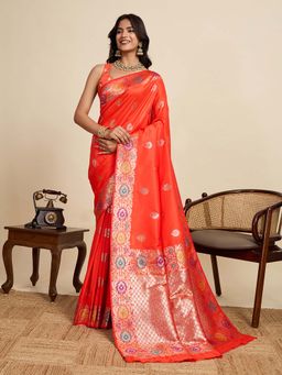 Vedant Vastram - Soft Litchi Silk Banarasi Orange Saree with Unstitched Blouse