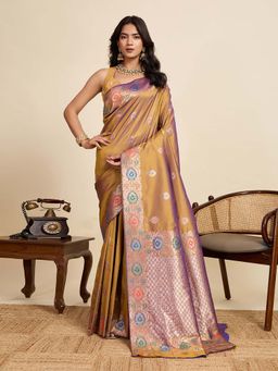 Vedant Vastram - Soft Litchi Silk Banarasi Gold Saree with Unstitched Blouse
