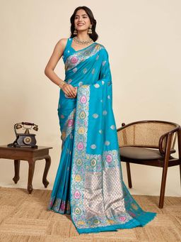 Vedant Vastram - Soft Litchi Silk Banarasi Teal Saree with Unstitched Blouse