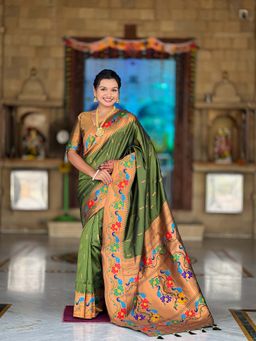 Vedant Vastram - Soft Litchi Silk Paithani Jacquard Olive Saree with Unstitched Blouse