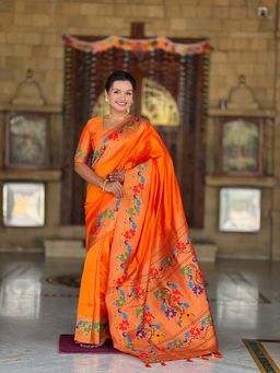 Vedant Vastram - Paithani Jacquard Orange Saree with Unstitched Blouse