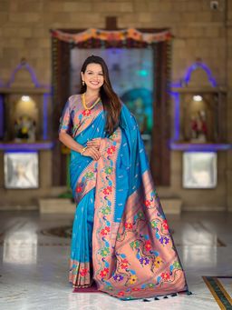 Vedant Vastram - Soft Litchi Silk Paithani Jacquard Blue Saree with Unstitched Blouse