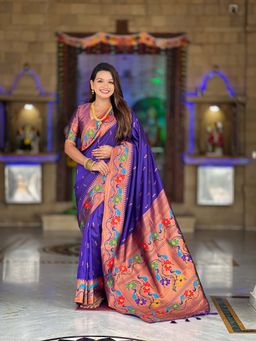 Vedant Vastram - Paithani Jacquard Purple Saree with Unstitched Blouse