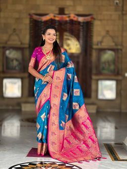 Vedant Vastram - Soft Litchi Silk Banarasi Blue Saree with Unstitched Blouse