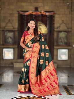 Vedant Vastram - Soft Litchi Silk Banarasi Green Saree with Unstitched Blouse