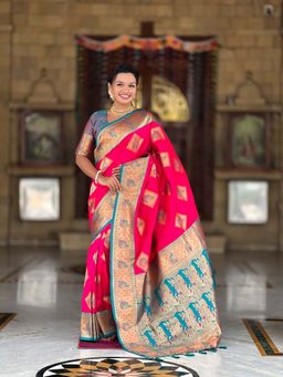 Vedant Vastram - Soft Litchi Silk Banarasi Pink Saree with Unstitched Blouse