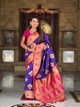 Vedant Vastram - Soft Litchi Silk Banarasi Navy Blue Saree with Unstitched Blouse