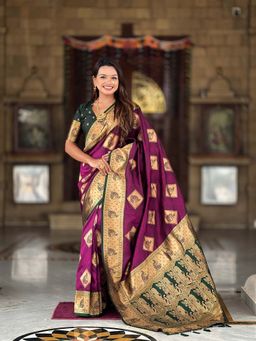 Vedant Vastram - Soft Litchi Silk Banarasi Purple Saree with Unstitched Blouse