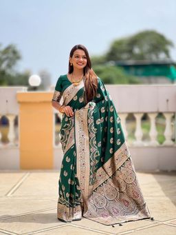 Vedant Vastram - Soft Litchi Silk Banarasi Green Saree with Unstitched Blouse