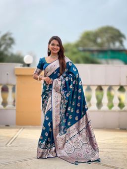 Vedant Vastram - Soft Litchi Silk Banarasi Teal Saree with Unstitched Blouse