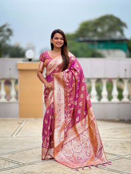Vedant Vastram - Soft Litchi Silk Banarasi Purple Saree with Unstitched Blouse