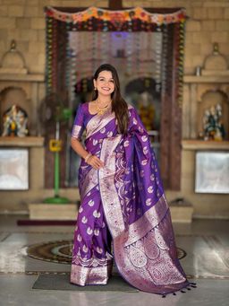 Vedant Vastram - Soft Litchi Silk Banarasi Purple Saree with Unstitched Blouse