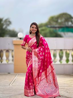 Vedant Vastram - Soft Litchi Silk Banarasi Pink Saree with Unstitched Blouse
