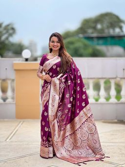 Vedant Vastram - Soft Litchi Silk Banarasi Purple Saree with Unstitched Blouse