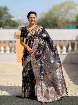 Vedant Vastram - Soft Litchi Silk Banarasi Black Saree with Unstitched Blouse