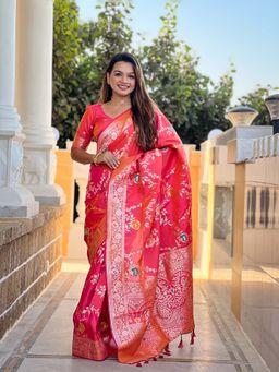 Vedant Vastram - Soft Litchi Silk Banarasi Pink Saree with Unstitched Blouse