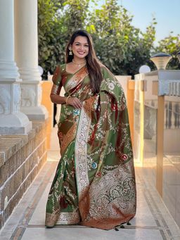 Vedant Vastram - Soft Litchi Silk Banarasi Olive Saree with Unstitched Blouse