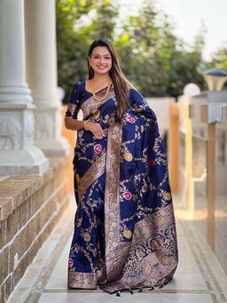 Vedant Vastram - Soft Litchi Silk Banarasi Navy Blue Saree with Unstitched Blouse