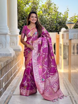 Vedant Vastram - Soft Litchi Silk Banarasi Purple Saree with Unstitched Blouse