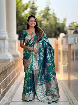 Vedant Vastram - Soft Litchi Silk Banarasi Green Saree with Unstitched Blouse