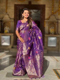 Vedant Vastram - Soft Litchi Silk Banarasi Purple Saree with Unstitched Blouse