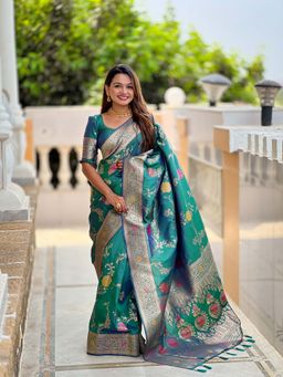 Vedant Vastram - Soft Litchi Silk Banarasi Green Saree with Unstitched Blouse