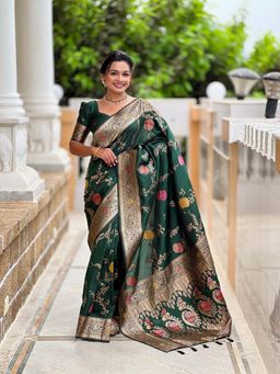 Vedant Vastram - Soft Litchi Silk Banarasi Green Saree with Unstitched Blouse