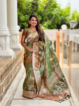 Vedant Vastram - Soft Litchi Silk Banarasi Olive Saree with Unstitched Blouse