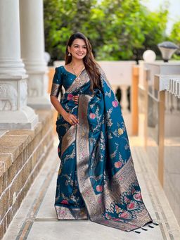 Vedant Vastram - Soft Litchi Silk Banarasi Teal Saree with Unstitched Blouse