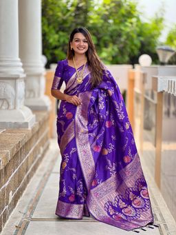 Vedant Vastram - Soft Litchi Silk Banarasi Purple Saree with Unstitched Blouse