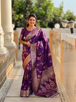 Vedant Vastram - Soft Litchi Silk Banarasi Purple Saree with Unstitched Blouse