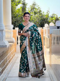 Vedant Vastram - Soft Litchi Silk Banarasi Green Saree with Unstitched Blouse