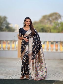 Vedant Vastram - Soft Litchi Silk Banarasi Black Saree with Unstitched Blouse