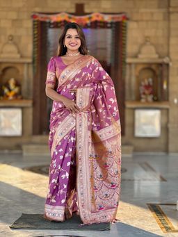 Vedant Vastram - Soft Litchi Silk Banarasi Purple Saree with Unstitched Blouse