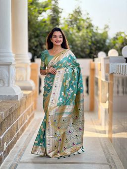 Vedant Vastram - Soft Litchi Silk Banarasi Green Saree with Unstitched Blouse
