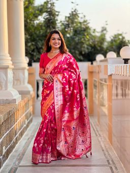 Vedant Vastram - Soft Litchi Silk Banarasi Pink Saree with Unstitched Blouse