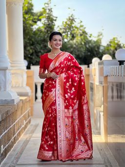 Vedant Vastram - Soft Litchi Silk Banarasi Red Saree with Unstitched Blouse
