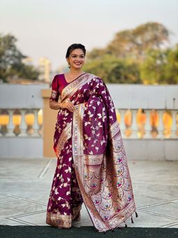 Vedant Vastram - Soft Litchi Silk Banarasi Purple Saree with Unstitched Blouse