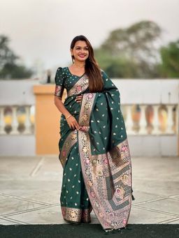 Vedant Vastram - Soft Litchi Silk Banarasi Green Saree with Unstitched Blouse