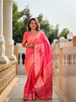 Vedant Vastram - Soft Litchi Silk Banarasi Pink Saree with Unstitched Blouse
