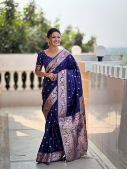 Vedant Vastram - Soft Litchi Silk Banarasi Navy Blue Saree with Unstitched Blouse