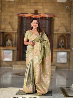 Vedant Vastram - Soft Litchi Silk Banarasi Olive Saree with Unstitched Blouse