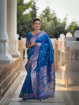 Vedant Vastram - Soft Litchi Silk Banarasi Blue Saree with Unstitched Blouse